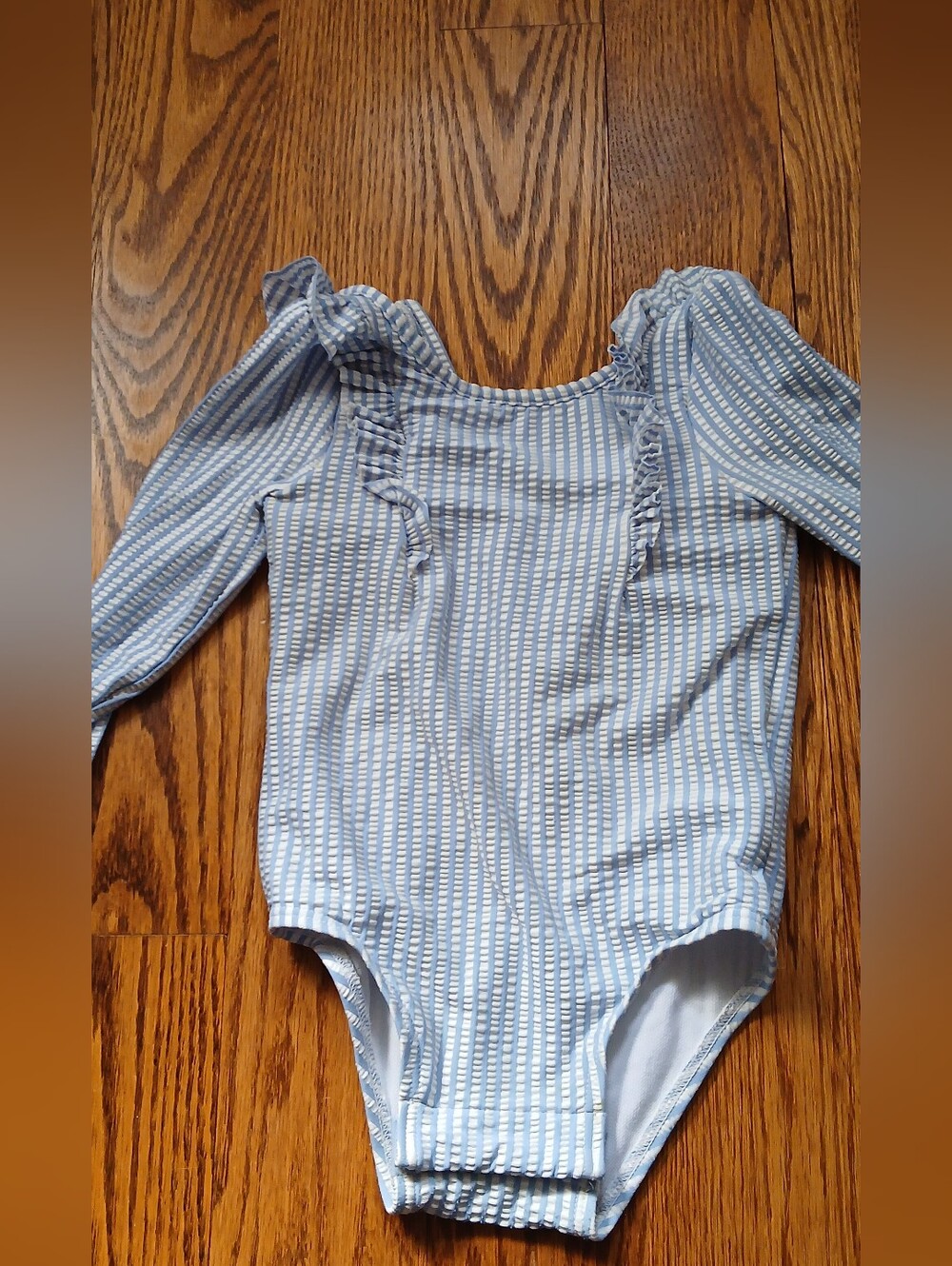 GAP Light Blue and White Striped Long-Sleeve One-Piece with Ruffle Trim